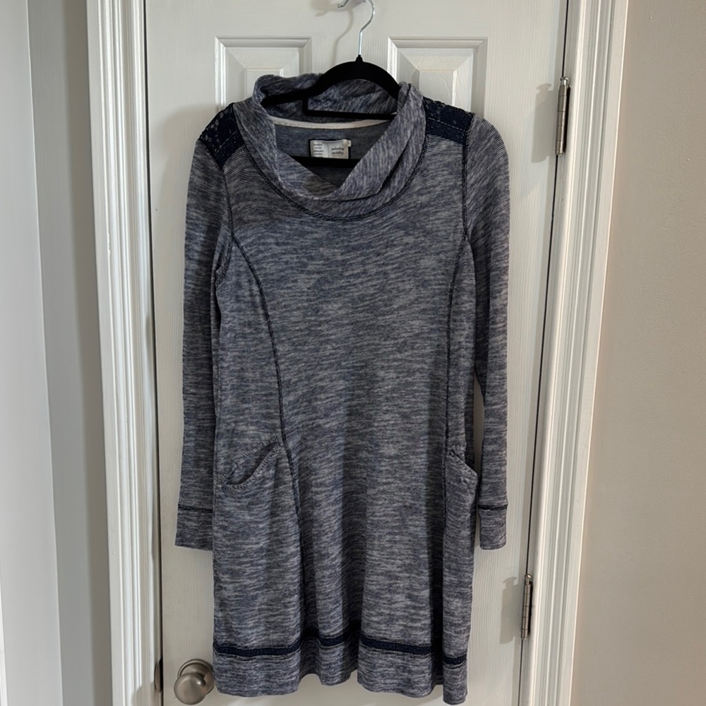 Anthropologie Navy Long Sleeve Cowl Neck Dress w/ Navy Lace Accents